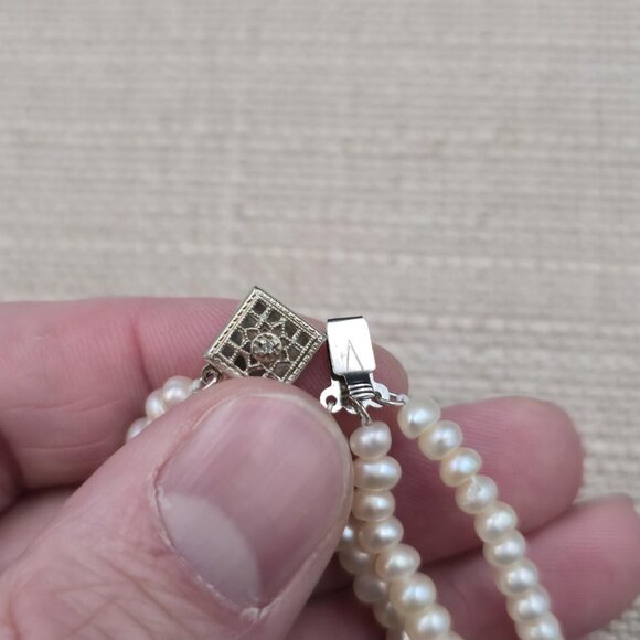 7 Inch Sterling Silver Small Diamond With Pearl Strands Bracelet B953 - Picture 4 of 7